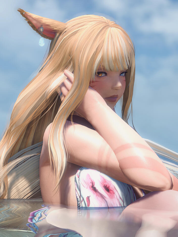 Beach pin-up Selitha looks sideways at the viewer, one hand in her hair. She's wearing a skimpy white and pink cloth bikini. Water covers her from chest height.